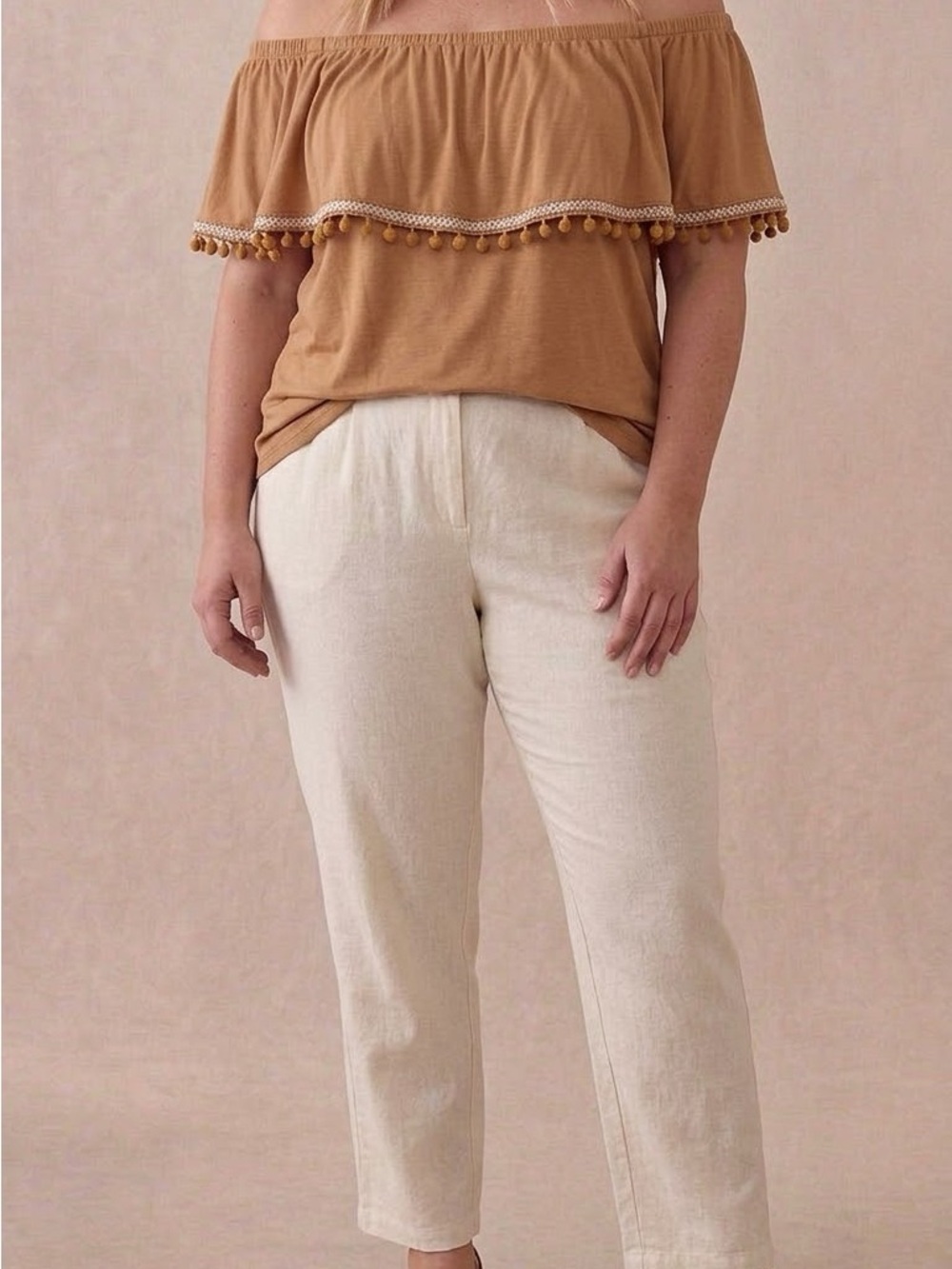 Lane Bryant Off-Shoulder Pom Pom Trim Top - Camel